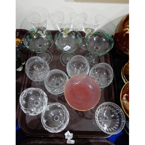 176 - Assorted glassware including three Seyfried Munchen hand painted champagne cocktail glasses, cut amb... 