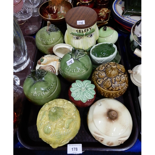 178 - A collection of Sylvac condiment pots and covers including celery, apple sauce, onions, piccalilli, ... 