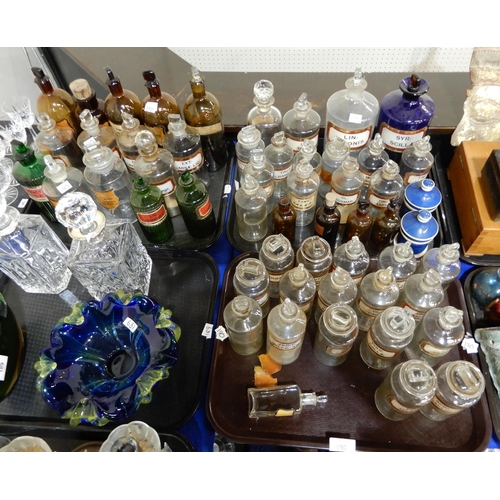 190 - A large collection of chemists bottles and jars including large blue and clear examples, brown glass... 