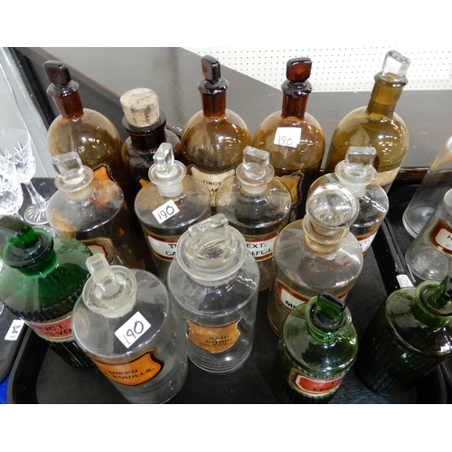 190 - A large collection of chemists bottles and jars including large blue and clear examples, brown glass... 