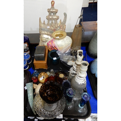 191 - Assorted decorative items including a painted wooden Thai head wall mask, glass candlesticks, dishes... 