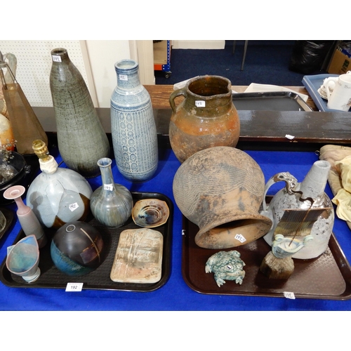 192 - A collection of studio pottery including vases, dishes etc, all unmarked