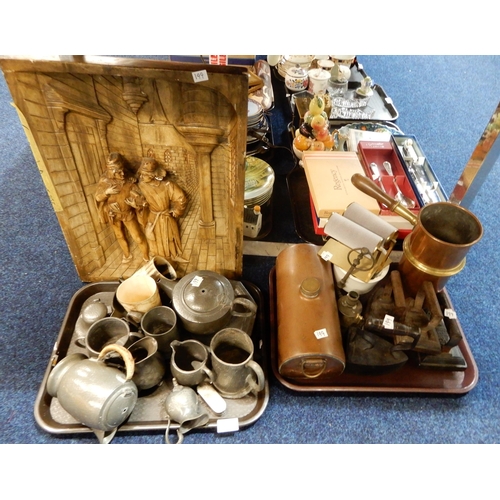 199 - Assorted flat irons, pewter mugs, copper and brass etc