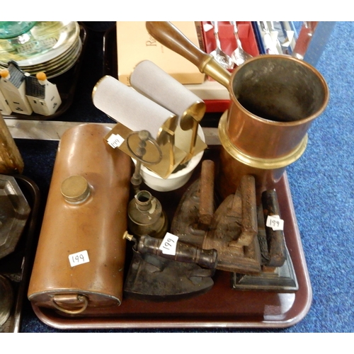 199 - Assorted flat irons, pewter mugs, copper and brass etc