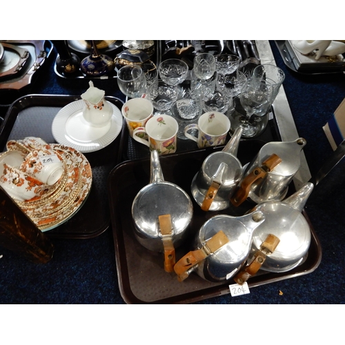 204 - Picquotware tea wares, assorted drinking glasses, tea wares etc