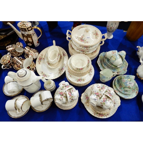 226 - Assorted tea wares including Shelley Melody chintz, Royal Albert Moss Rose, and Royal Doulton Musica... 