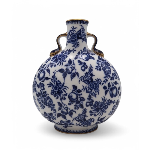 158 - A Royal Worcester moon flask, decorated with transfer printed fruits and flowers, blue crescent mark... 