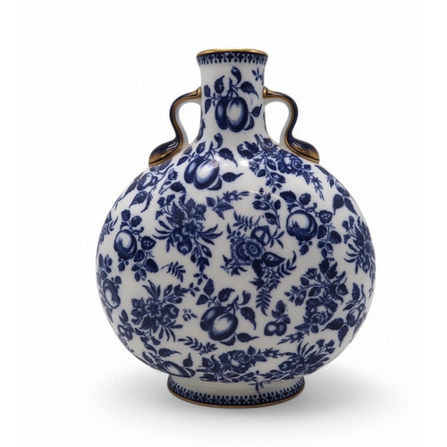 158 - A Royal Worcester moon flask, decorated with transfer printed fruits and flowers, blue crescent mark... 