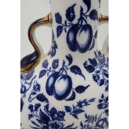 158 - A Royal Worcester moon flask, decorated with transfer printed fruits and flowers, blue crescent mark... 