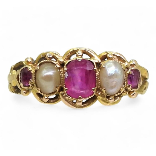 740 - A vintage bright yellow metal, ruby and pearl ring, size L1/2, weight 1.8gms