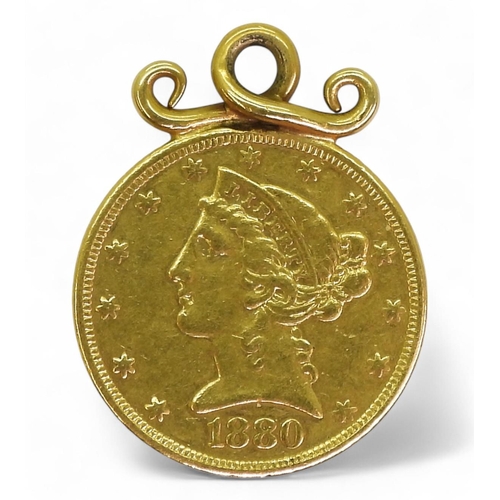 804 - An 1880 gold five Dollar coin with soldered on yellow metal mount weight 9.1gms