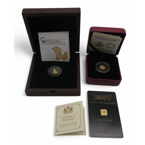 356 - A lot comprising the Lion and Unicorn 1 gram gold ingot Obverse Lion & Unicorn crest legend... 