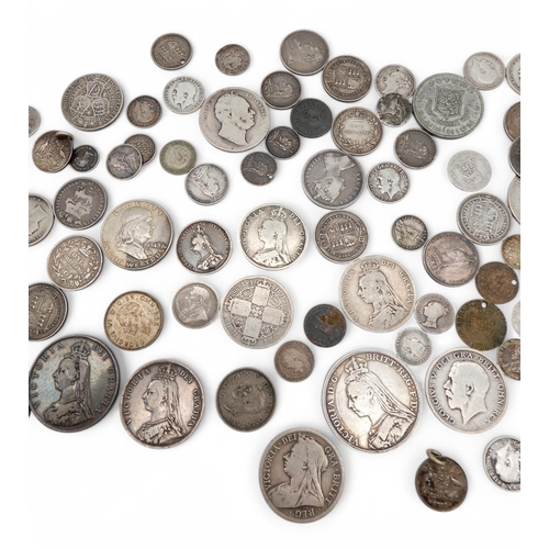 371F - A lot comprising mostly British coins to include Victoria crowns 1845 and 1889, George III shilling ... 