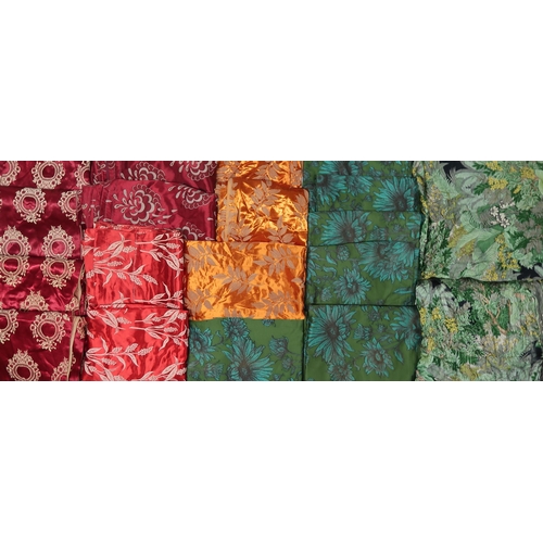 6013 - Assorted pairs of sateen curtains, in shades of orange, red and green etc