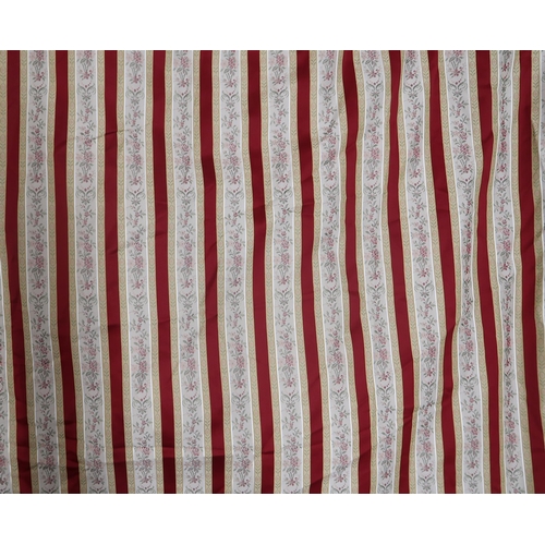 6021 - A pair of extremely long velvet green and brown striped curtains, and a red and white striped curtai... 