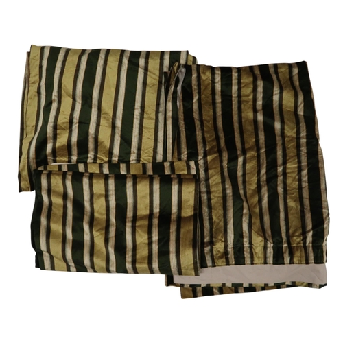 6021 - A pair of extremely long velvet green and brown striped curtains, and a red and white striped curtai... 