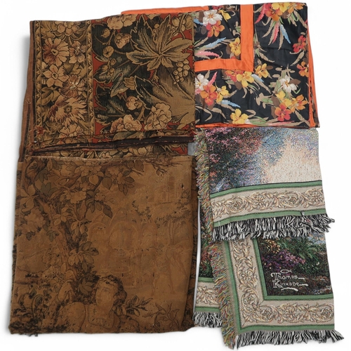 6101 - A Thomas Kinkaid woven throw, a black and orange floral bed cover and other textiles