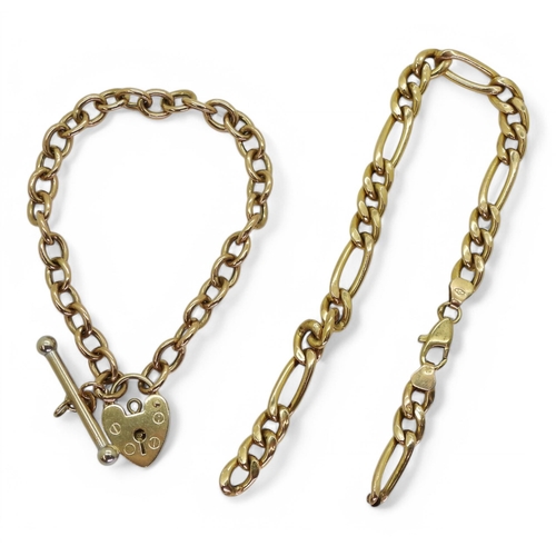 708 - A 9ct gold trace chain bracelet with a heart shaped clasp, and a further 9ct gold figaro chain brace... 