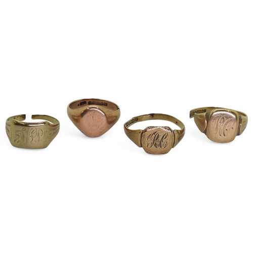 709 - Three (af) 9ct signet rings weight 12.8gms, and a 10k gold example weight 2.7gms (all have split sha... 