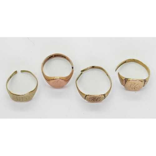 709 - Three (af) 9ct signet rings weight 12.8gms, and a 10k gold example weight 2.7gms (all have split sha... 