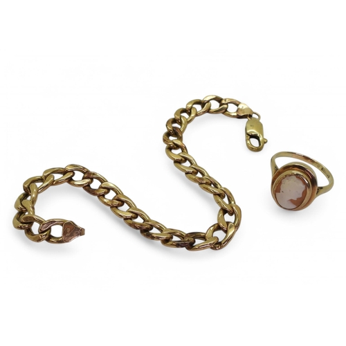 712 - A 9ct gold curb chain bracelet and a 9ct cameo ring, size S, weight 13.3gms