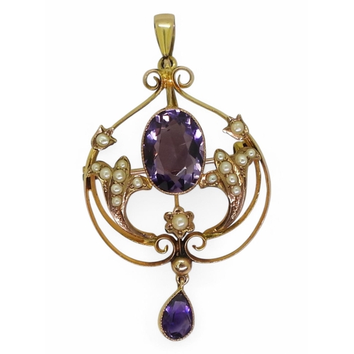 715 - A 9ct gold amethyst and pearl Edwardian pendant brooch, length with bail 5cm, weight 4.1gms