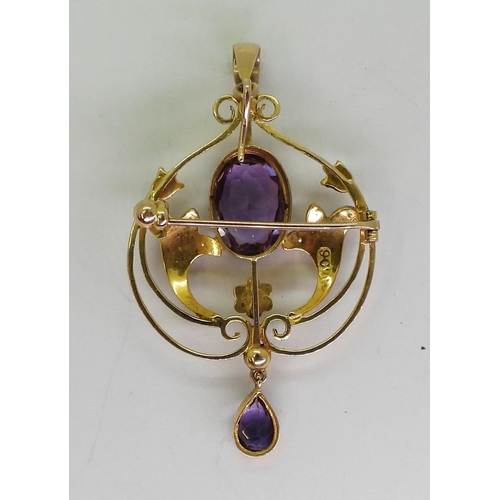 715 - A 9ct gold amethyst and pearl Edwardian pendant brooch, length with bail 5cm, weight 4.1gms