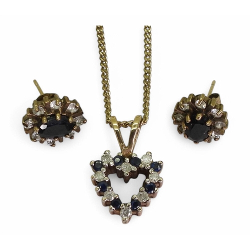 716 - A 9ct gold sapphire and diamond heart shaped pendant on a gold plated chain with a pair of 9ct gold ... 