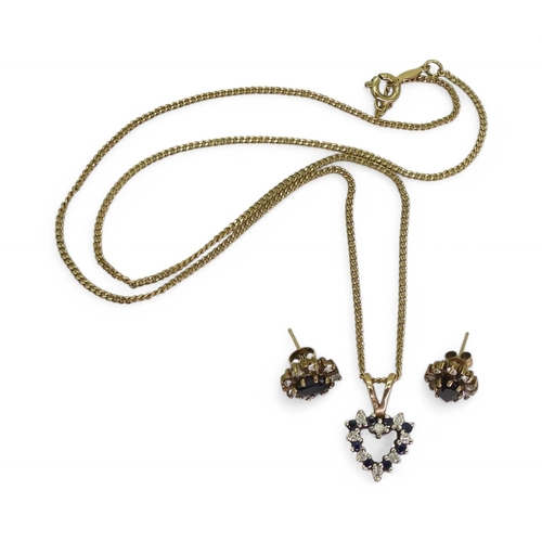 716 - A 9ct gold sapphire and diamond heart shaped pendant on a gold plated chain with a pair of 9ct gold ... 