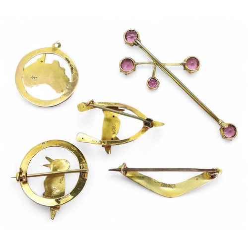 724 - A collection of Australian 9ct jewels to include;- a pink gem set southern cross brooch, two kookabu... 