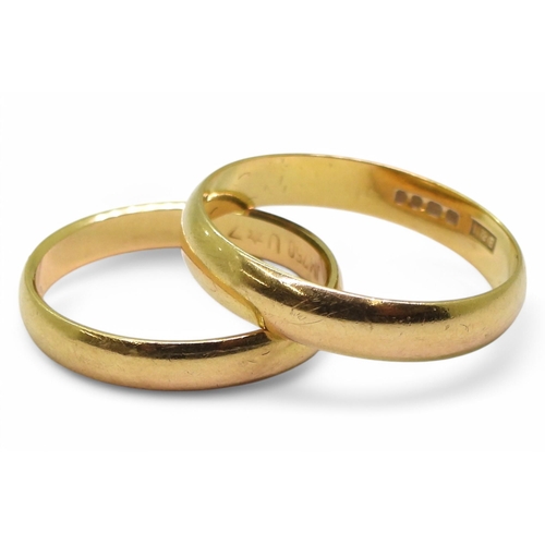 727 - Two 18ct gold wedding rings, sizes O1/2, and K1/2, weight combined 4.5gms