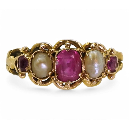 740 - A vintage bright yellow metal, ruby and pearl ring, size L1/2, weight 1.8gms