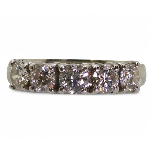 741 - A platinum five stone diamond ring, set with estimated approx 1ct of brilliant cut diamonds, size M1... 