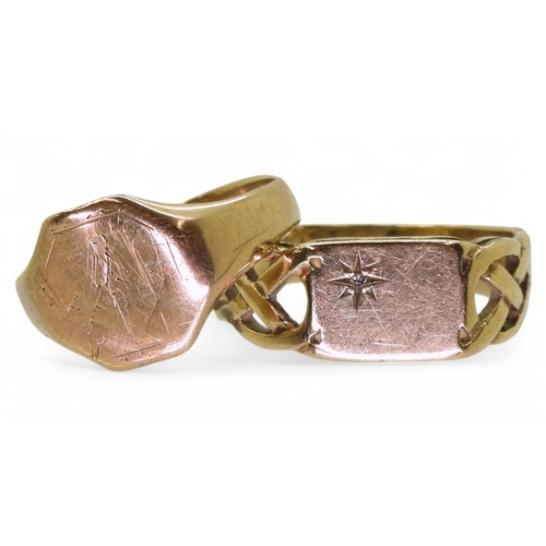 744 - A 9ct gold knotwork signet ring set with a diamond accent, size W1/2,and a further 9ct signet ring, ... 