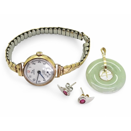 750 - A 9ct cased ladies Record watch with a gold plated strap, a pair of handmade white metal earrings se... 