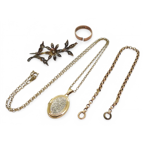 751 - A 9ct pearl set flower brooch, a 9ct gold locket and chain, a (af) rose gold wedding ring and a bit ... 