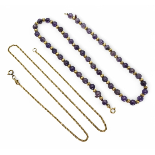 754 - A string of amethyst beads, with 9ct gold beads and clasp, weight 18.4gms and a further 9ct gold rop... 