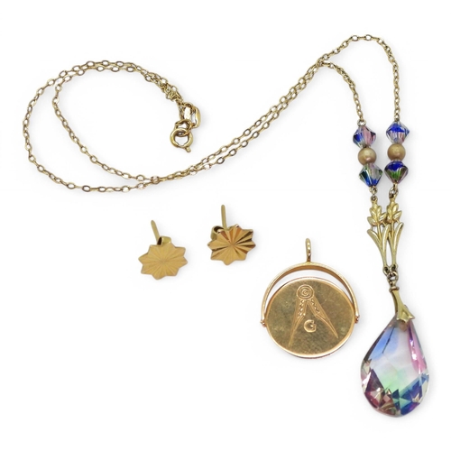 763 - A 9ct gold vintage necklace, set with glass gems, a pair of 9ct gold star earrings and a 9ct Masonic... 