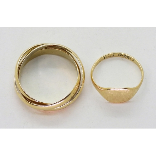 772 - A 9ct gold Russian wedding ring size Q1/2, and a 9ct signet ringH1/2, weight combined 5.4gms