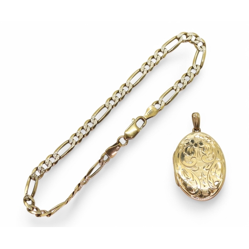 784 - A 9ct gold oval locket together with a 9ct figaro chain bracelet weight together 10.2gms