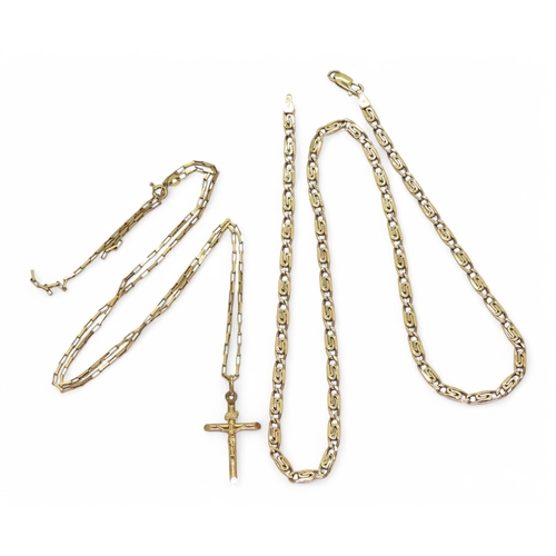 786 - A 9ct gold fancy chain, length 52cm, and a 9ct gold cross and chain (chain af) weight together 13gms