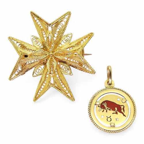 787 - An Italian made 18k gold Taurus pendant, together with a bright yellow metal Maltese cross brooch, (... 