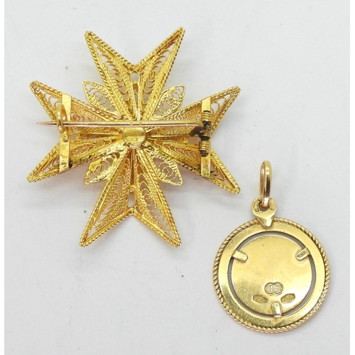 787 - An Italian made 18k gold Taurus pendant, together with a bright yellow metal Maltese cross brooch, (... 