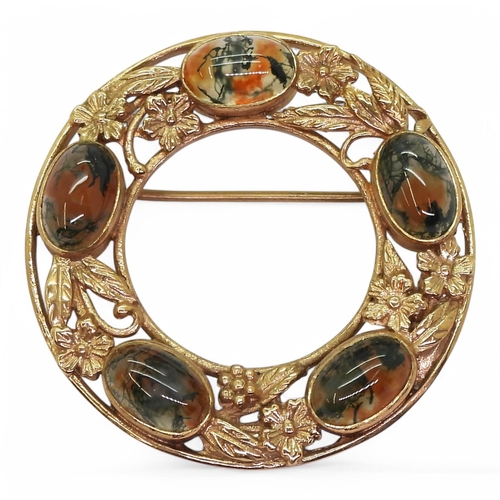 797 - A 9ct rose gold brooch made by Sydney & Co, set with moss agates, diameter 4.1cm, weight 14.2gms