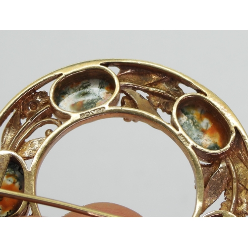 797 - A 9ct rose gold brooch made by Sydney & Co, set with moss agates, diameter 4.1cm, weight 14.2gms