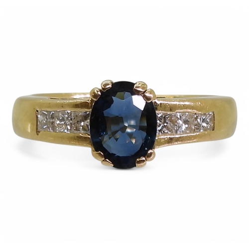 798 - A French 18ct gold sapphire and princess cut diamond ring, stamped with the French Eagles Head mark,... 