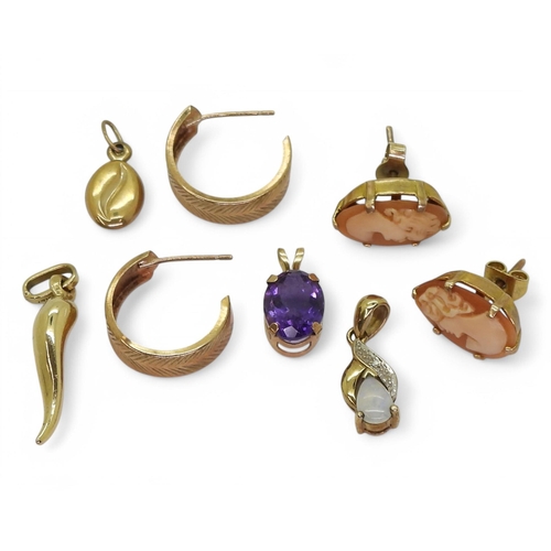 803 - A 9ct gold opal and diamond pendant, amethyst pendant, 9ct cameo earrings, weight 3.1gms, and furthe... 