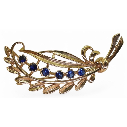 808 - A 9ct gold sapphire brooch, hallmarked London 1968, length 4.5cm, weight 5.3gms