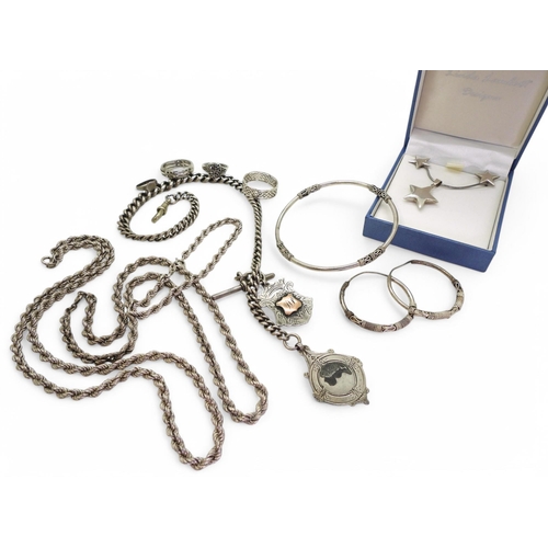 864 - Two silver rope chains with matching bracelet, a silver fob chain hallmarked to every link, rings, a... 