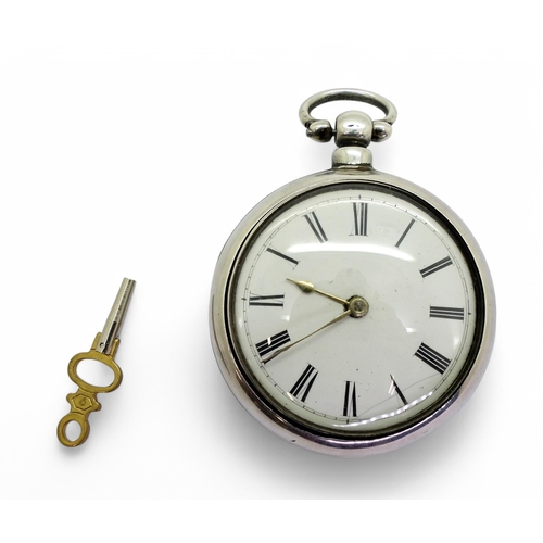 875 - A silver pair cased pocket watch, hallmarked London 1845, match to both cases, with a diamond capped... 